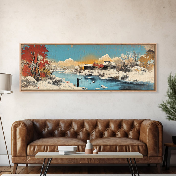 Snowy Mountain Village Wall Art, Japanese Winter Landscape Canvas, Serene Nature Decor, Panoramic Living Room Art Print For Home Decor