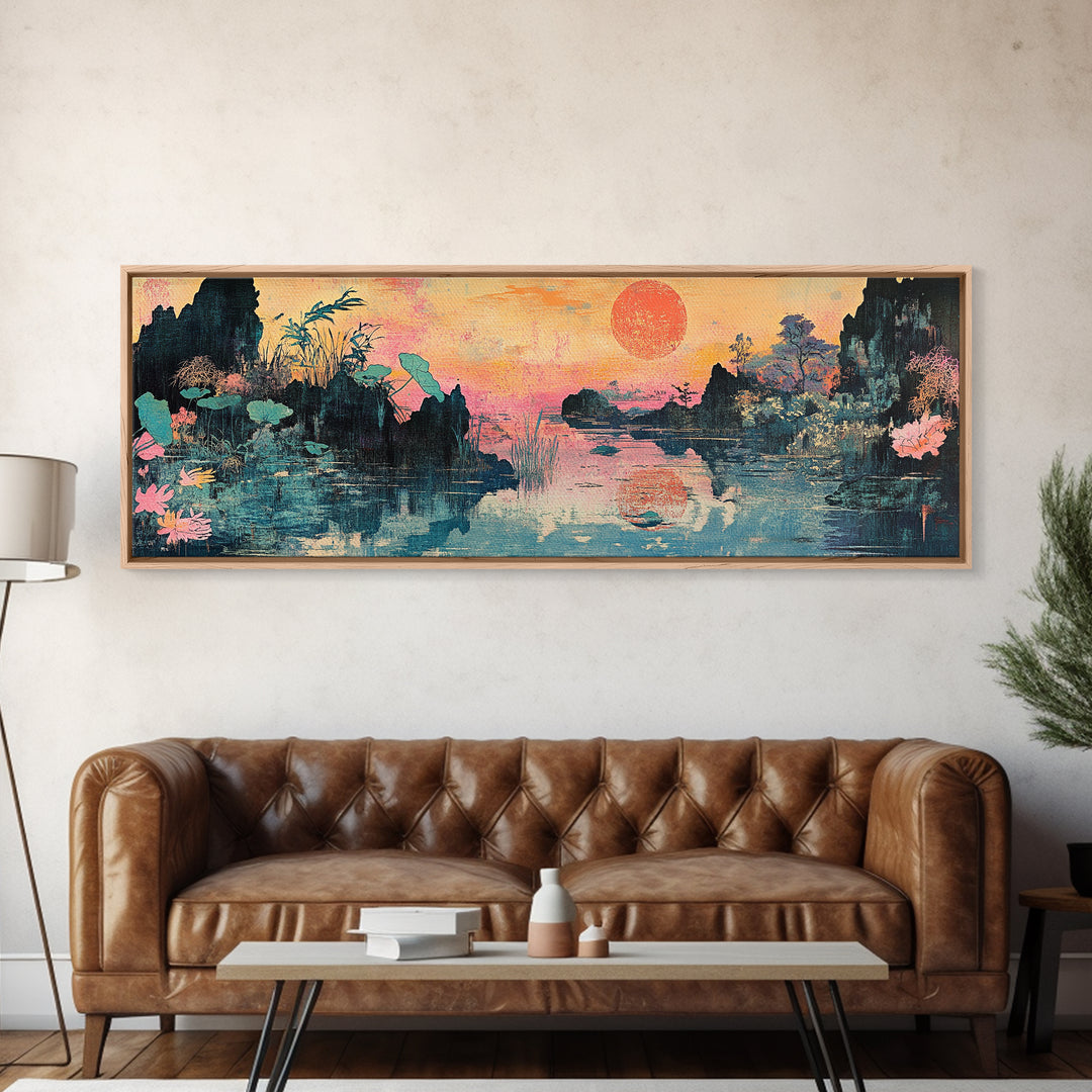 Lotus Lake Sunset With Red Sun And Mountains Wall Art, Japanese Landscape Canvas Print, Japandi Decor, Panoramic Wall Decor