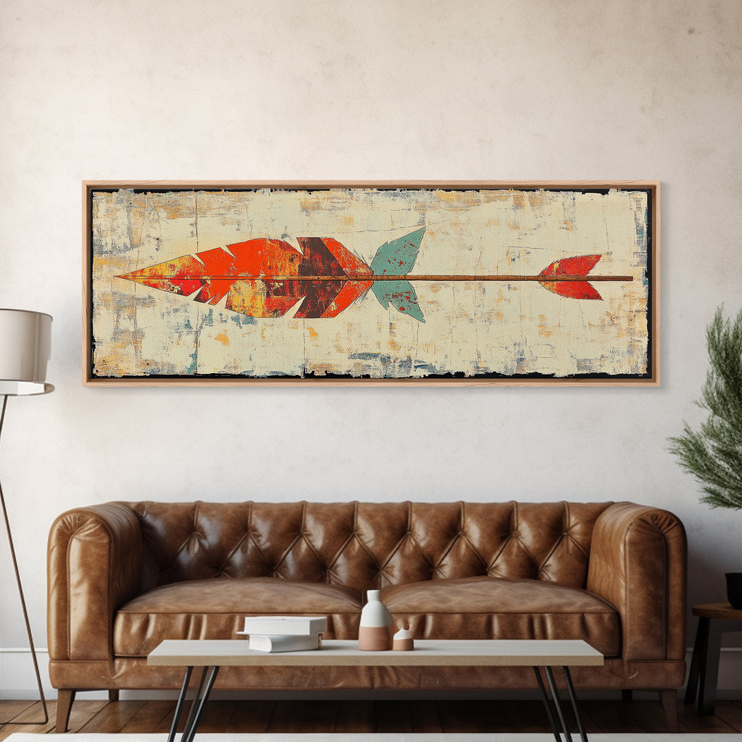 Rustic Painted Arrow With Red Feathers Wall Art, Southwestern Canvas Print, Boho Western Decor, Long Horizontal Art Print