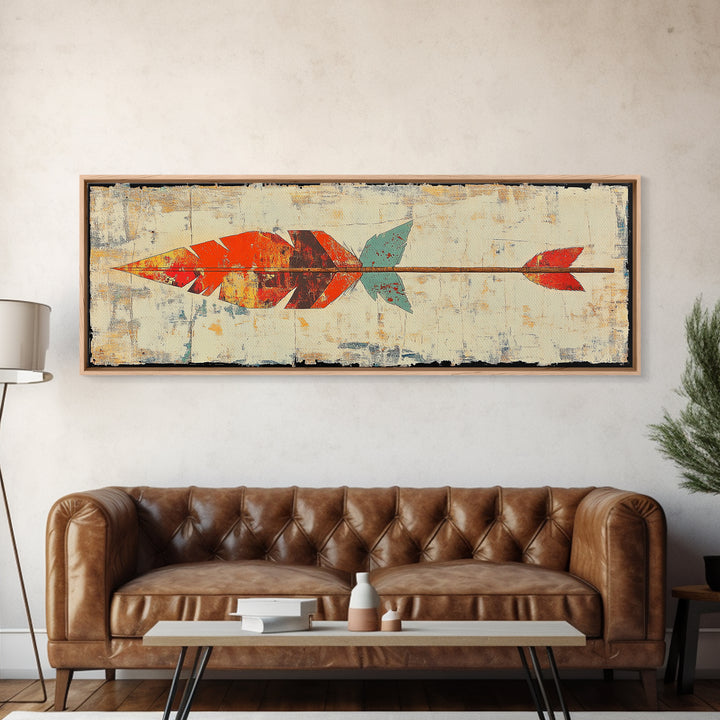 Rustic Painted Arrow With Red Feathers Wall Art, Southwestern Canvas Print, Boho Western Decor, Long Horizontal Art Print