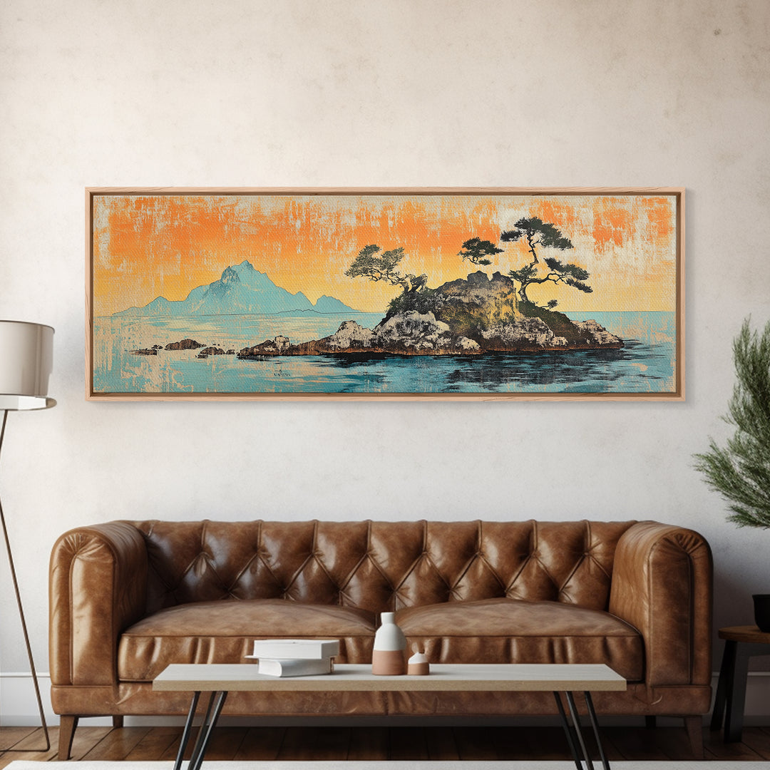 Rocky Island Pines On Calm Sea Wall Art, Japanese Coastal Landscape Canvas Print, Orange Sunset Decor, Wide Panoramic Art