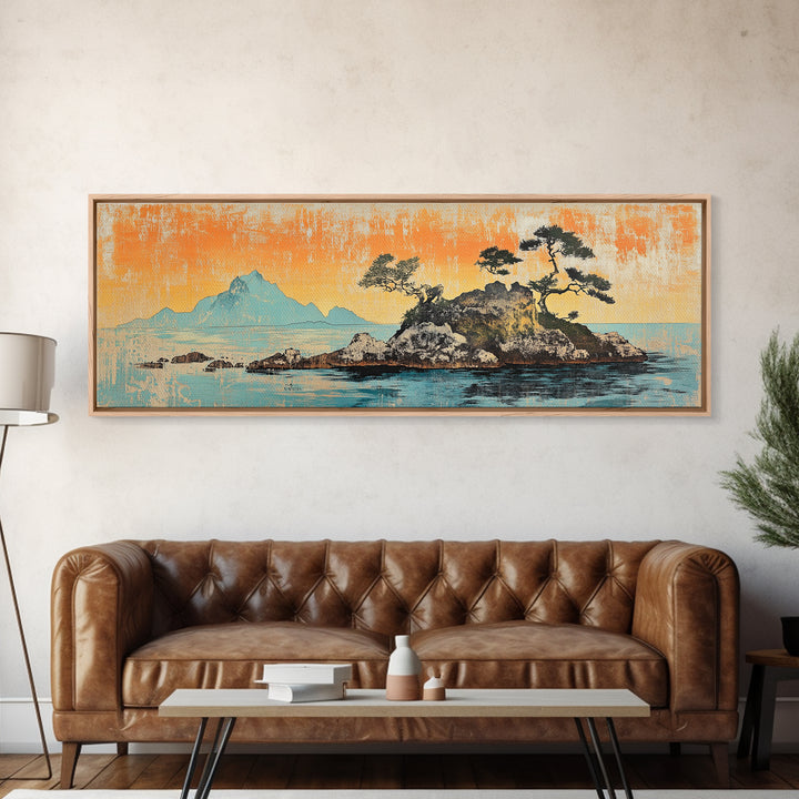 Rocky Island Pines On Calm Sea Wall Art, Japanese Coastal Landscape Canvas Print, Orange Sunset Decor, Wide Panoramic Art