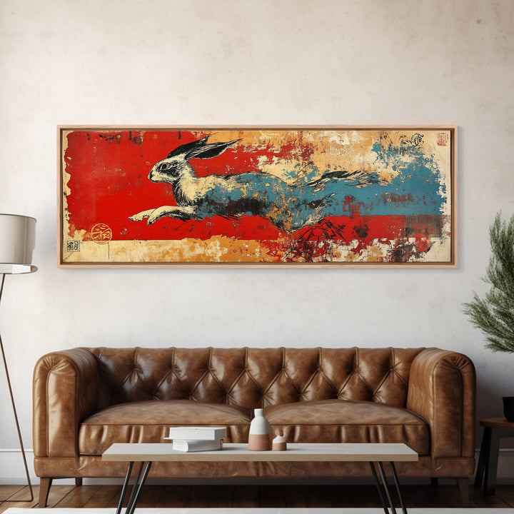 Running Hare Over Red And Blue Brushstrokes Wall Art, Japanese Rabbit Canvas Print, Whimsical Animal Decor, Bold Wall Decor