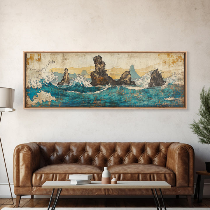 Jagged Sea Stacks In Turquoise Waves Wall Art, Large Panoramic Coastal Seascape Canvas Print, Nautical Decor, Moody Landscape Art
