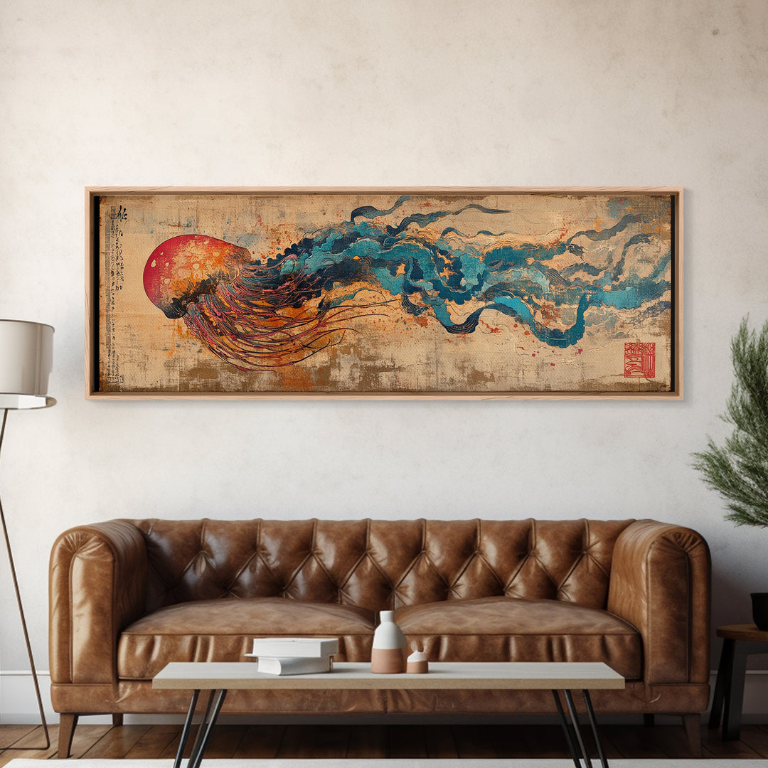 Abstract Jellyfish With Red Sun And Blue Waves Wall Art, Japanese Ocean Canvas Print, Marine Life Decor, Statement Artwork