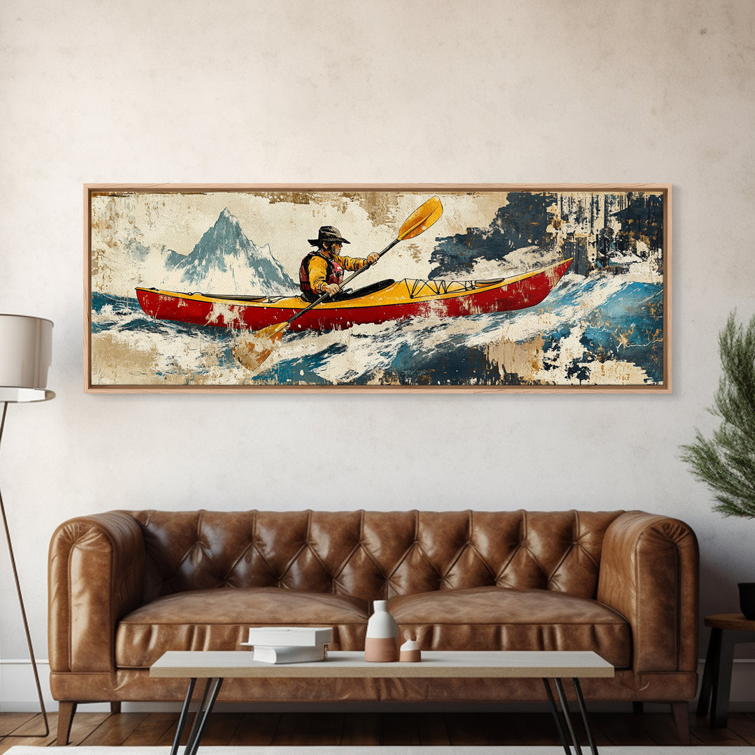 Red Canoe Kayaker In Whitewater Mountains Wall Art, Adventure Landscape Canvas Print, Lake House Decor, Cabin Wall Decor
