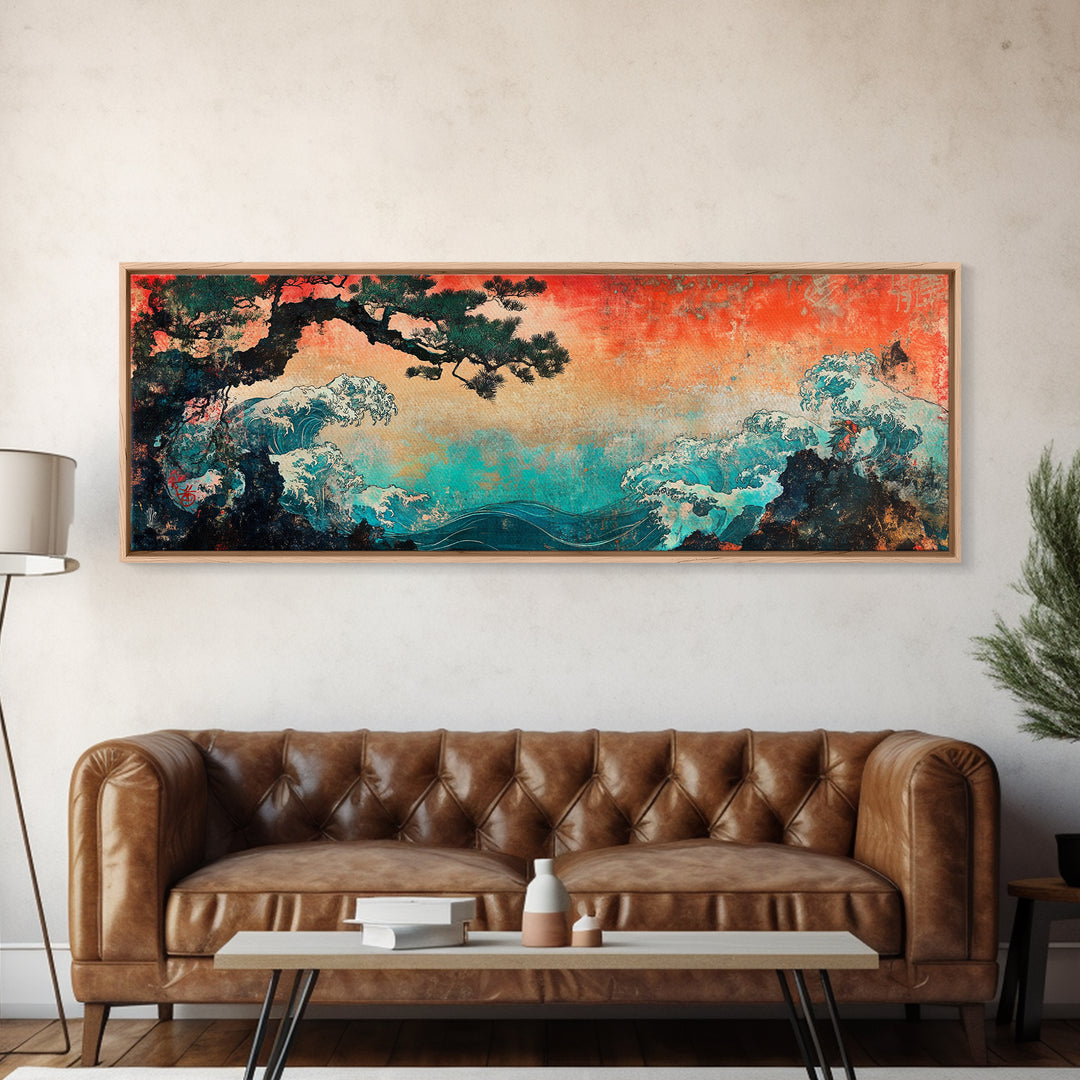 Stormy Teal Ocean Waves And Pine Branch Wall Art, Japanese Seascape Canvas Print, Coastal Decor, Long Horizontal Art, Living Room Decor