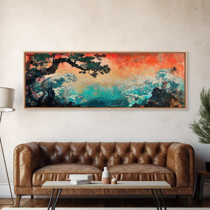 Stormy Teal Ocean Waves And Pine Branch Wall Art, Japanese Seascape Canvas Print, Coastal Decor, Long Horizontal Art, Living Room Decor
