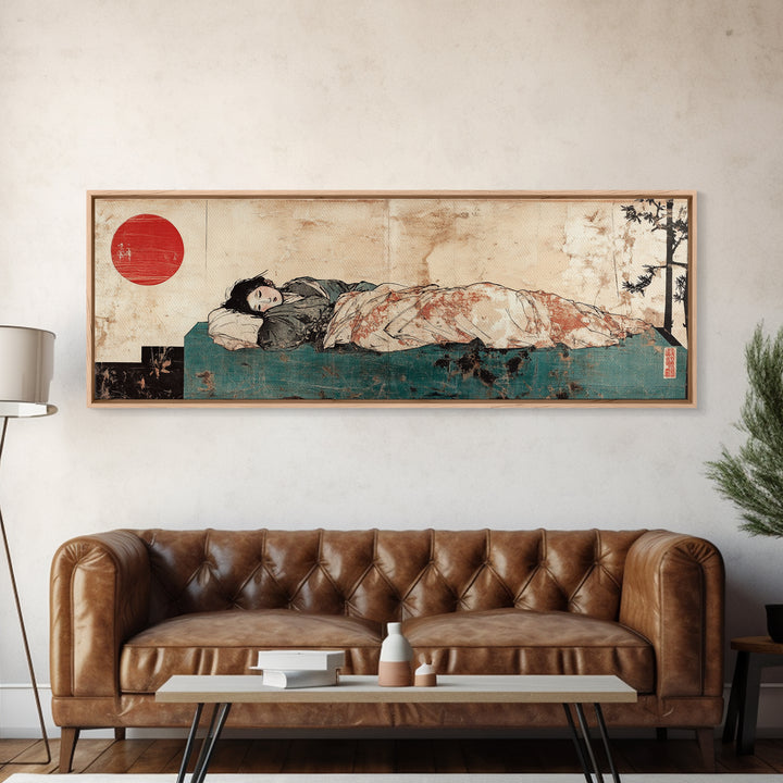 Sleeping Woman Under Floral Quilt Canvas Print, Japanese Bedroom Wall Art, Red Sun Decor, Serene Minimalist Art, Japandi Home Decor