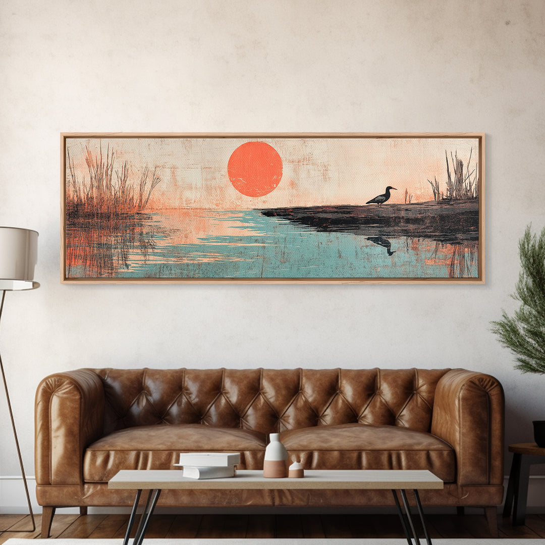 Red Sun Over Still Lake And Lone Bird Wall Art, Japanese Landscape Canvas Print, Peaceful Nature Decor, Wide Wall Art, Zen Decor
