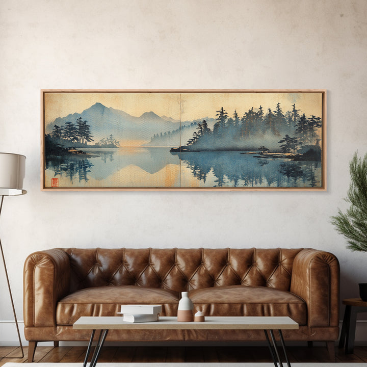 Misty Blue Mountain Lake And Pine Forest Wall Art, Japanese Landscape Canvas Print, Nature Decor, Calming Living Room Art