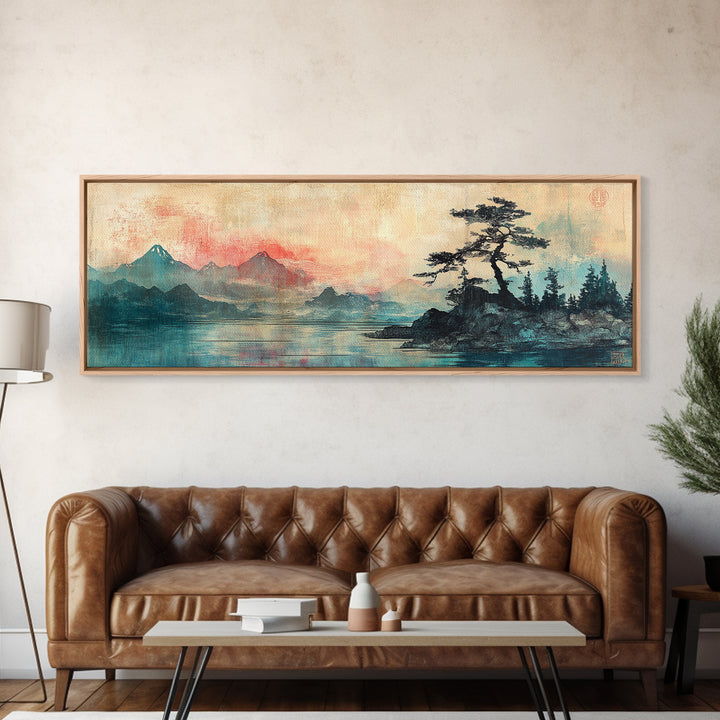 Red Mist Mountains With Lone Pine Wall Art, Japanese Landscape Canvas Print, Moody Nature Decor, Panoramic Living Room Art