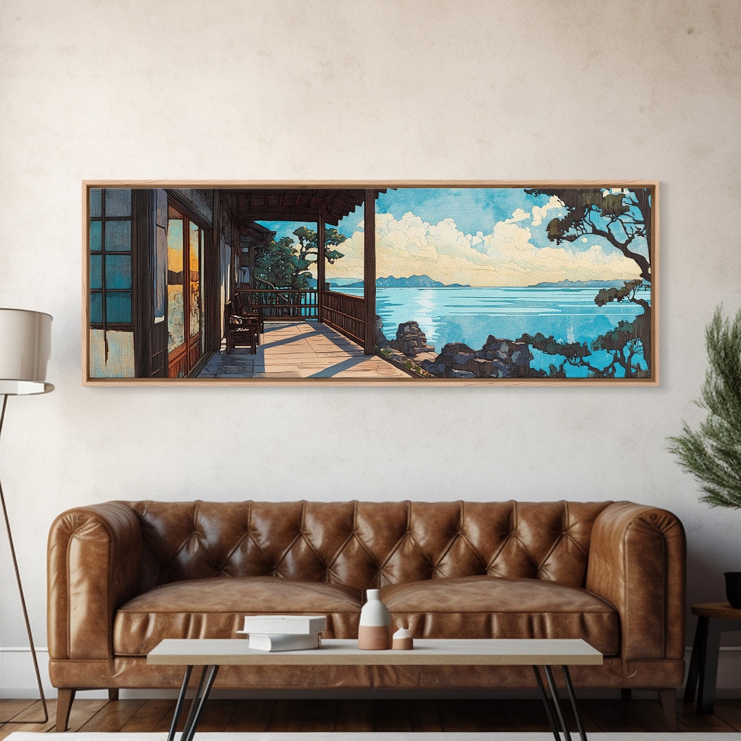 Sunny Japanese Veranda Over Blue Sea Canvas Print, Coastal Wall Art, Beach House Decor, Japandi Living Room Wall Art, Home Decor