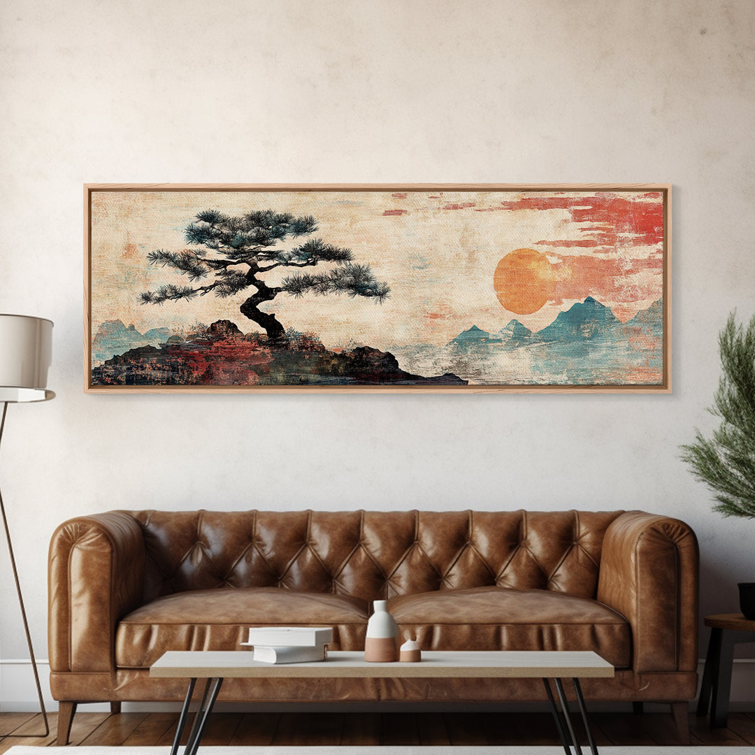 Solitary Pine And Orange Sun Wall Art, Japanese Mountain Landscape Canvas Print, Zen Decor, Minimalist Nature Wall Art, Japandi Decor