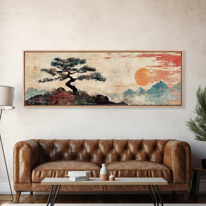 Solitary Pine And Orange Sun Wall Art, Japanese Mountain Landscape Canvas Print, Zen Decor, Minimalist Nature Wall Art, Japandi Decor