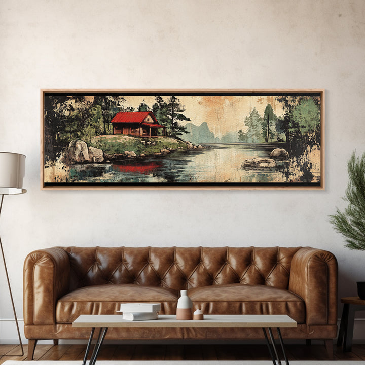 Rustic Red Roof Cabin Beside Forest Lake Framed Canvas Print, Mountain Landscape Wall Art, Cabin Decor, Housewarming Gift