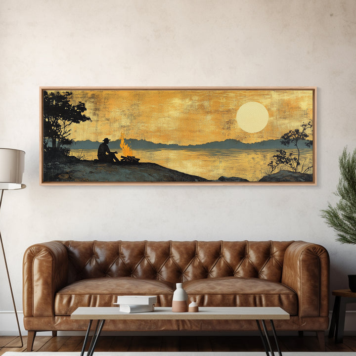 Lakeside Campfire Silhouette Under Golden Sunset Wall Art, Rustic Cabin Canvas Print, Nature Landscape, Lake House Decor, Gift For Him