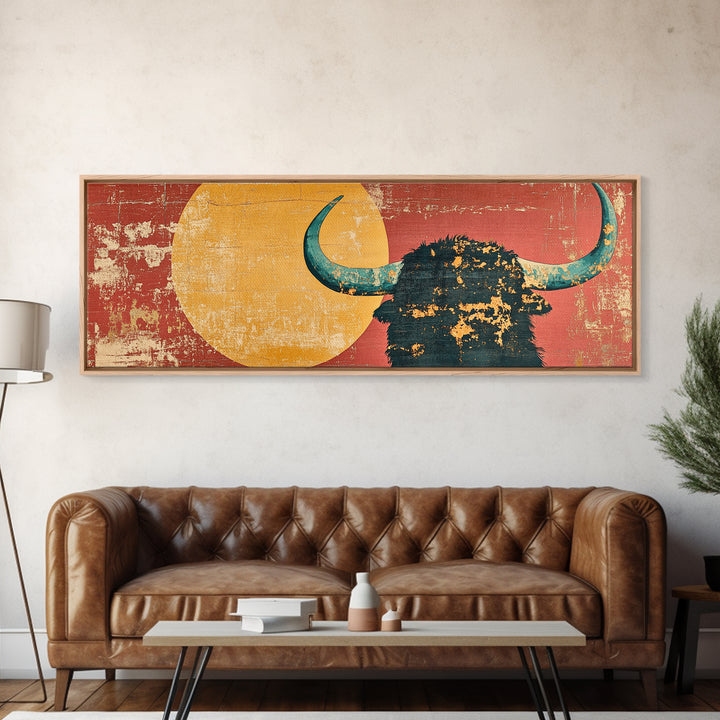 Bold Highland Cow Silhouette With Turquoise Horns Canvas Print, Western Wall Art, Rustic Home Decor, Southwestern Gift For Him