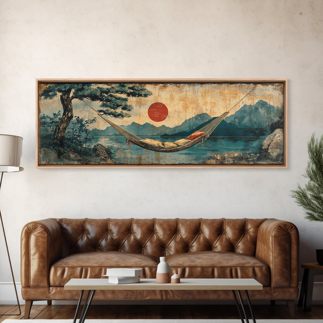Mountain Lake Hammock Beneath Red Sun Wall Art, Japandi Landscape Canvas Print, Tranquil Zen Decor, Above Bed Art, Living Room Decor