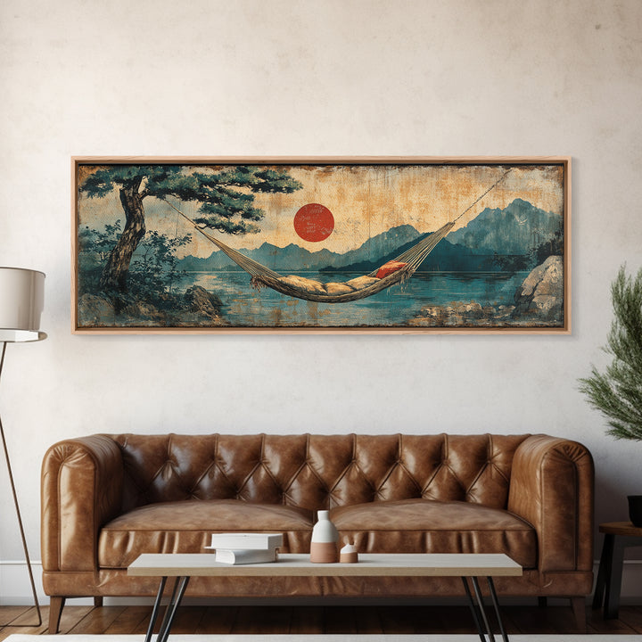 Mountain Lake Hammock Beneath Red Sun Wall Art, Japandi Landscape Canvas Print, Tranquil Zen Decor, Above Bed Art, Living Room Decor