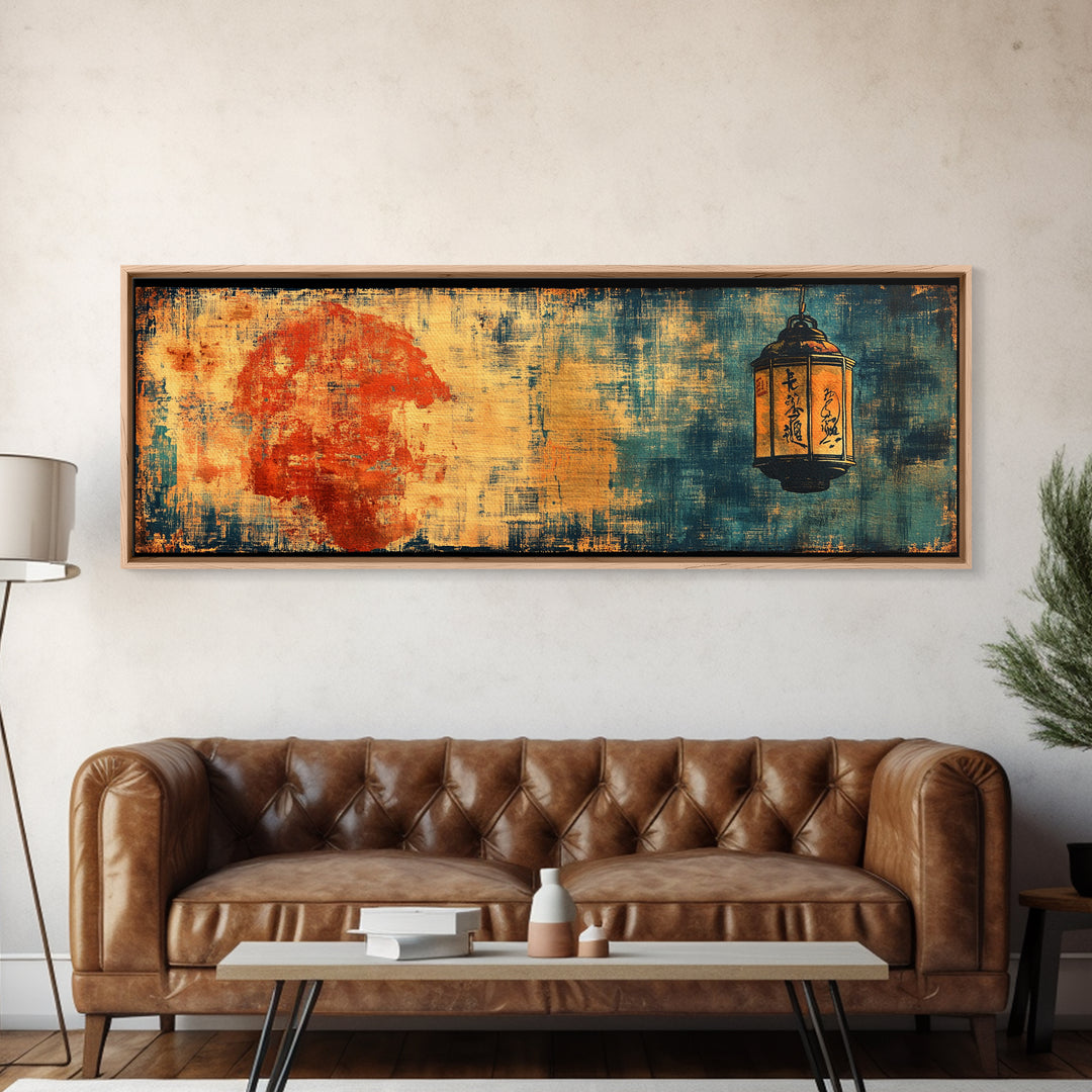 Red Sun And Hanging Lantern On Blue Textured Wall Art, Asian Inspired Canvas Print, Japanese Decor, Moody Abstract Art Print