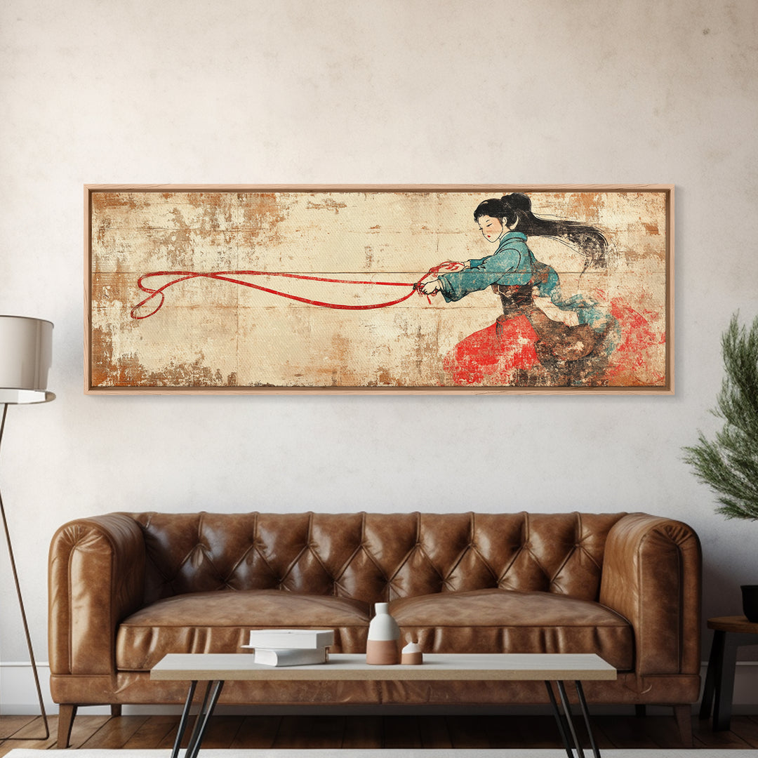 Asian Warrior Woman With Flowing Red Ribbon Canvas Print, Martial Arts Wall Art, Strong Female Art, Japanese Decor Gift For Her