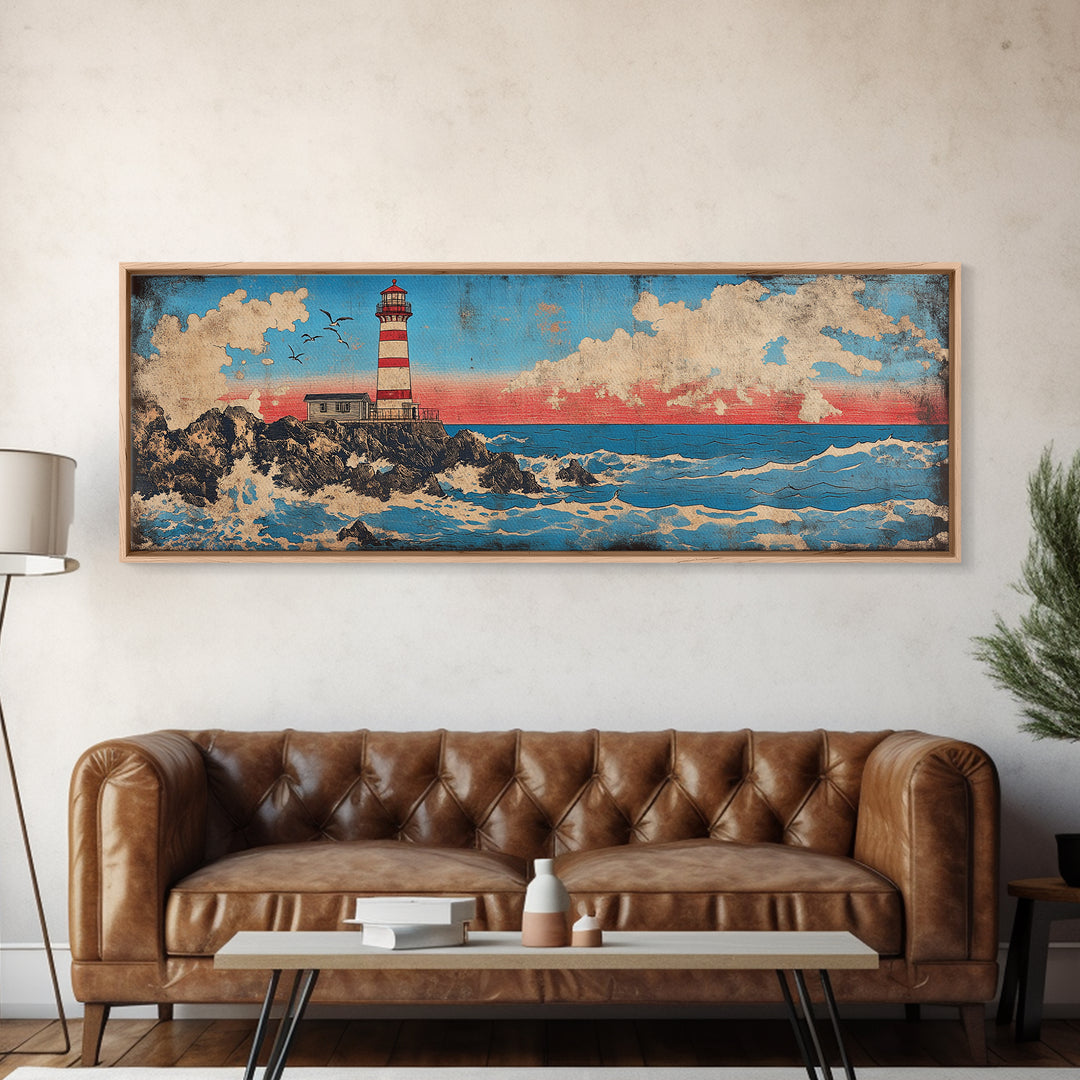 Striped Lighthouse On Rocky Shore With Ocean Waves Wall Art, Nautical Canvas Print, Coastal Decor, Beach House Gift, Seascape Art
