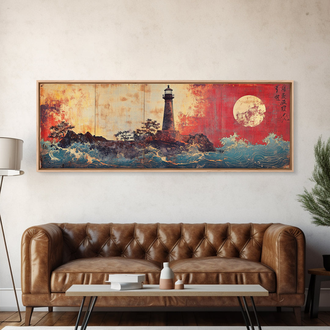 Japanese Lighthouse Seascape With Red Moon Wall Art, Coastal Nautical Canvas Print, Ocean Landscape Decor, Japandi Home Gift