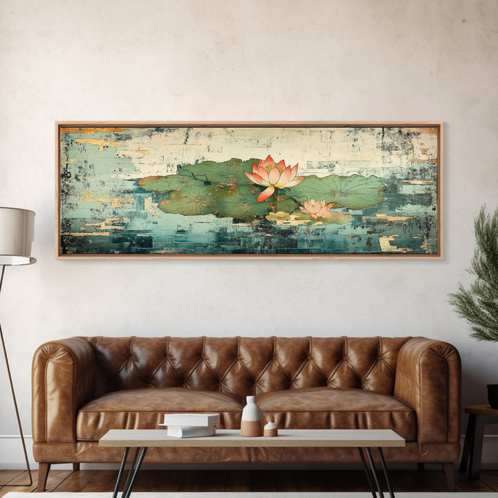 Lotus Pond Water Lily Wall Art, Asian Botanical Canvas Print, Japandi Zen Home Decor, Tranquil Nature Gift For Her, Living Room Decor