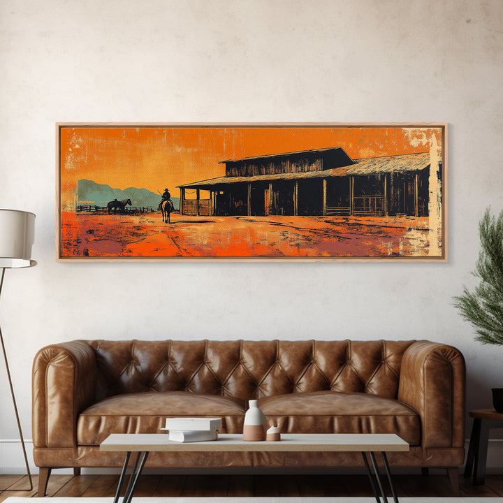 Western Cowboy Desert Saloon Wall Art, Rustic Canvas Print, Southwestern Ranch Decor, Orange Sunset Gift For Him, Man Cave Decor
