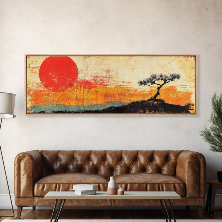 Lone Tree Red Sun Landscape Wall Art, Japandi Canvas Print, Minimalist Nature Decor, Orange Sunset Living Room Art, Above Sofa Decor