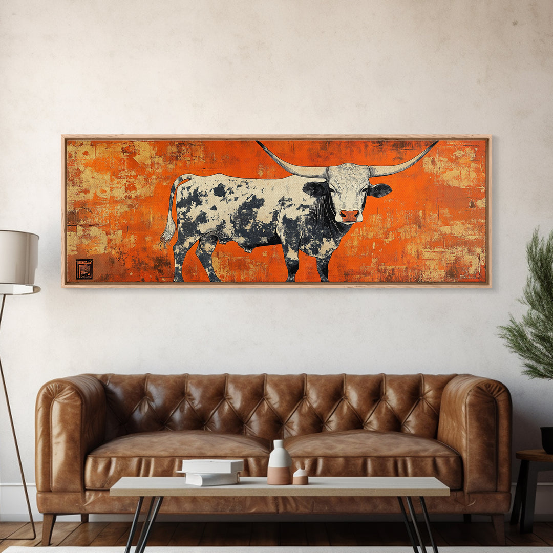 Texas Longhorn Cow On Orange Wall Art, Western Canvas Print, Rustic Ranch Decor, Southwestern Farmhouse Gift For Him, Man Cave Decor