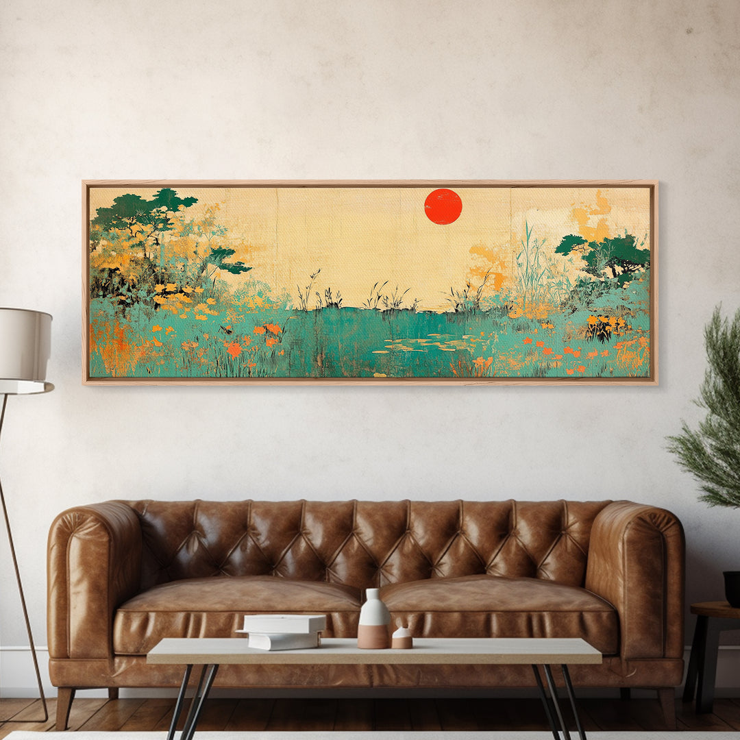Red Sun Wildflower Marsh Landscape Wall Art, Japanese Inspired Panoramic Canvas, Nature Print, Japandi Living Room Decor