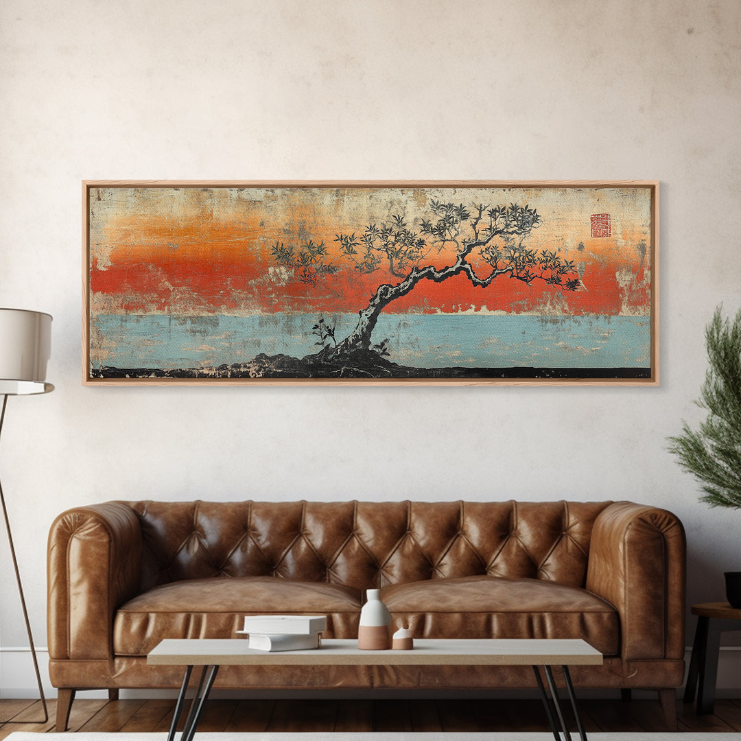 Windswept Pine Tree Sunset Canvas Print, Asian Inspired Coastal Landscape, Zen Wall Decor, Moody Living Room Art, Serene Home Decor