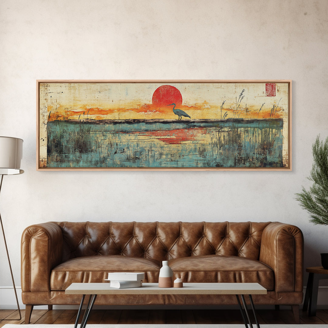 Blue Marsh Heron Red Sun Wall Art, Japanese Inspired Landscape Print, Coastal Wetlands Decor, Serene Bedroom Wall Decor Print