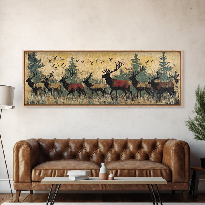 Elk Herd Forest Wildlife Wall Art, Rustic Panoramic Canvas Print, Lodge Cabin Decor, Nature Lover Gift For Him, Living Room Wall Decor