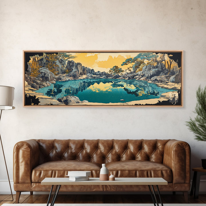 Turquoise Mountain Lake Canvas Print, Rocky Alpine Landscape Wall Art, Serene Nature Decor, Japandi Living Room Art Gift