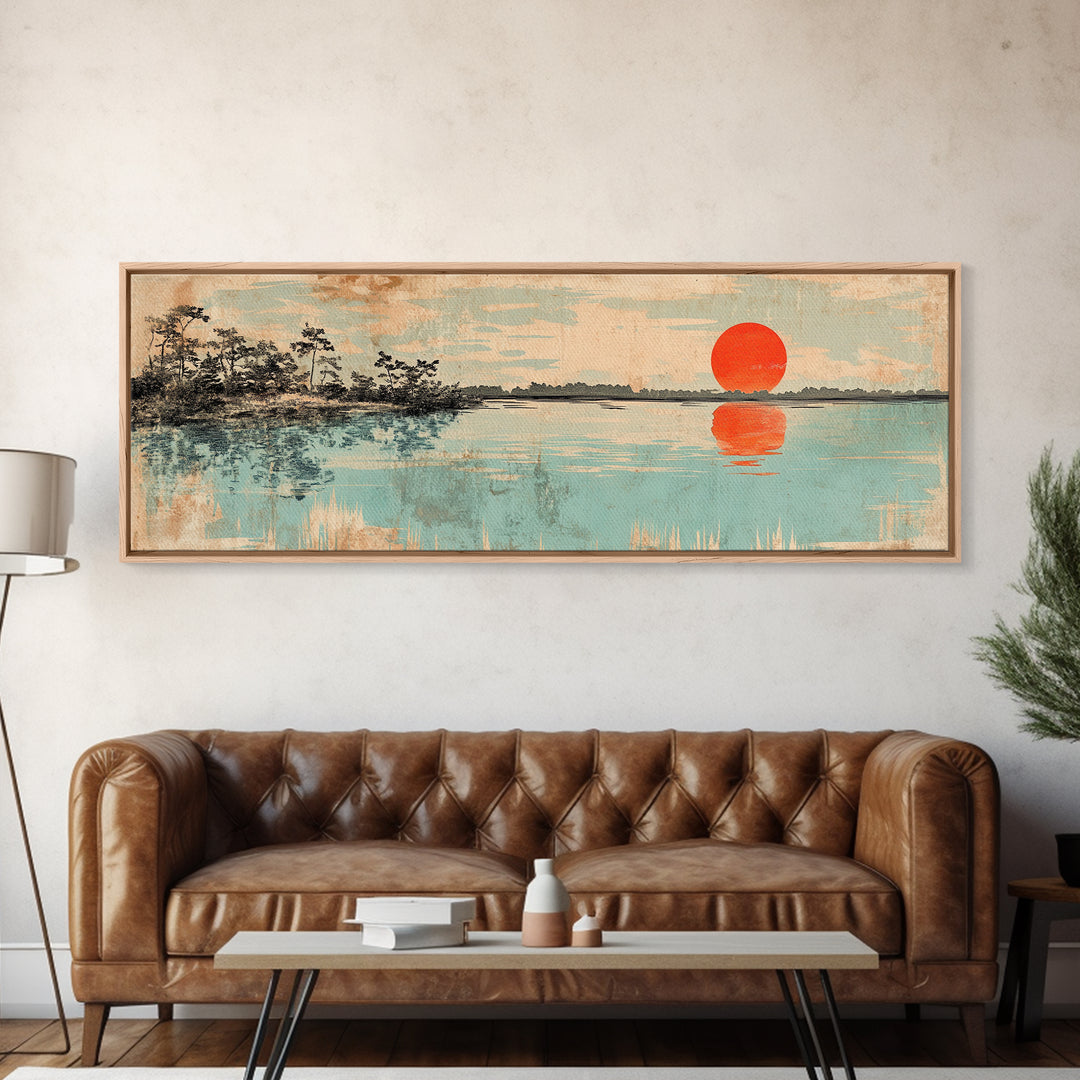 Red Sun Over Serene Teal Lake Wall Art, Japanese Landscape Print, Panoramic Canvas, Japandi Living Room Decor, Coastal Home Decor