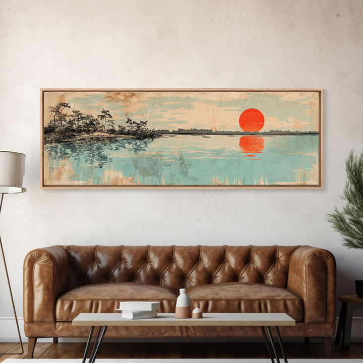 Red Sun Over Serene Teal Lake Wall Art, Japanese Landscape Print, Panoramic Canvas, Japandi Living Room Decor, Coastal Home Decor