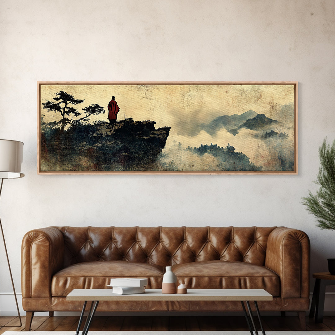 Solitary Monk On Misty Mountain Cliff Wall Art, Asian Landscape Print, Zen Meditation Decor, Japandi Office Wall Decor Art