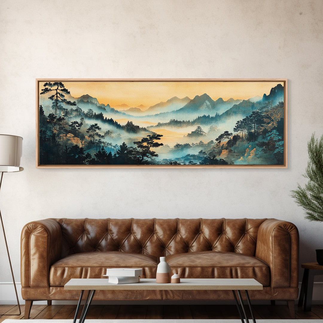 Misty Blue Mountain Valley Canvas Print, Asian Landscape Wall Art, Panoramic Nature Print, Japandi Living Room Decor, Housewarming Gift