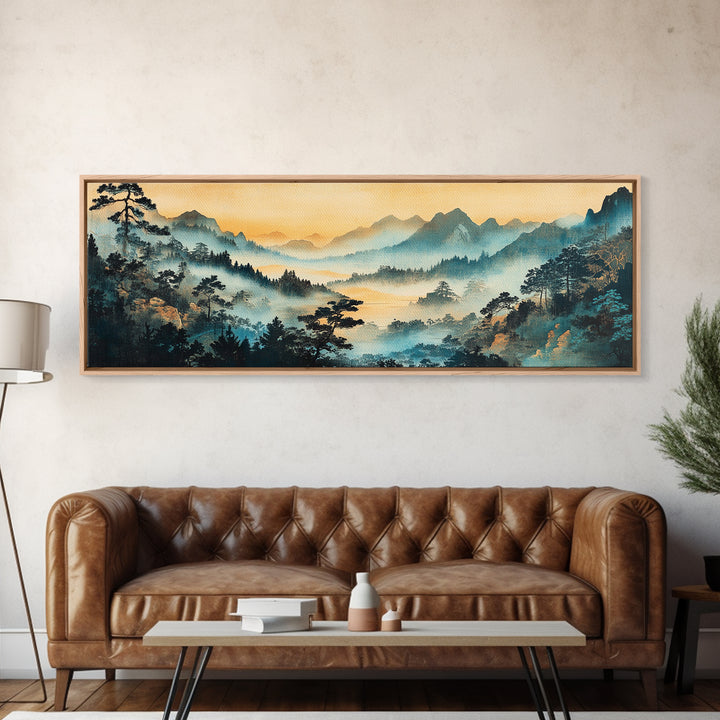 Misty Blue Mountain Valley Canvas Print, Asian Landscape Wall Art, Panoramic Nature Print, Japandi Living Room Decor, Housewarming Gift