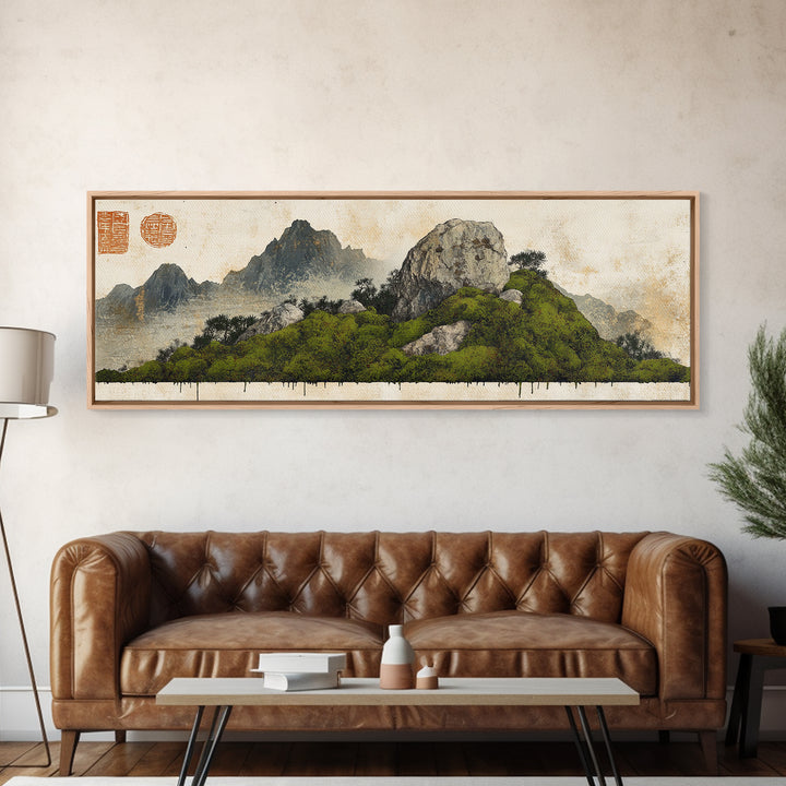 Green Moss Island With Ink Mountains Wall Art, Asian Landscape Print, Chinese Brush Style, Zen Home Decor, Office Wall Art