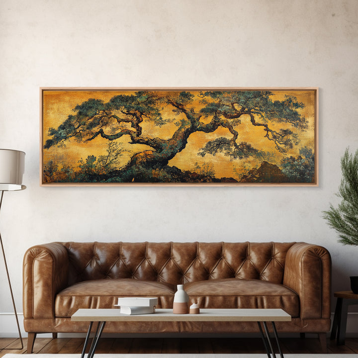 Ancient Pine Tree In Golden Forest Wall Art, Rustic Asian Landscape Print, Nature Inspired Art, Japandi Home Decor Gift For Her
