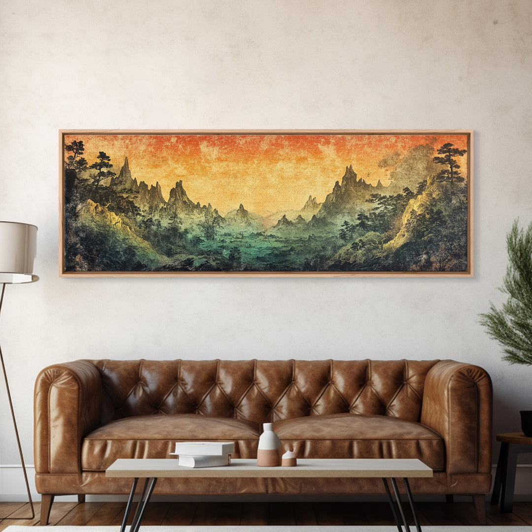 Mystical Mountain Valley At Sunset Canvas Print, Asian Landscape Wall Art, Moody Nature Decor, Panoramic Living Room Art