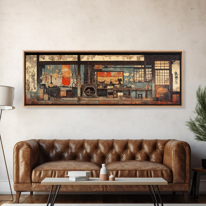 Rustic Japanese Tea House Interior Wall Art, Zen Kitchen Decor Print, Wabi Sabi Home Decor, Framed Canvas Print, Japandi Living Room Decor