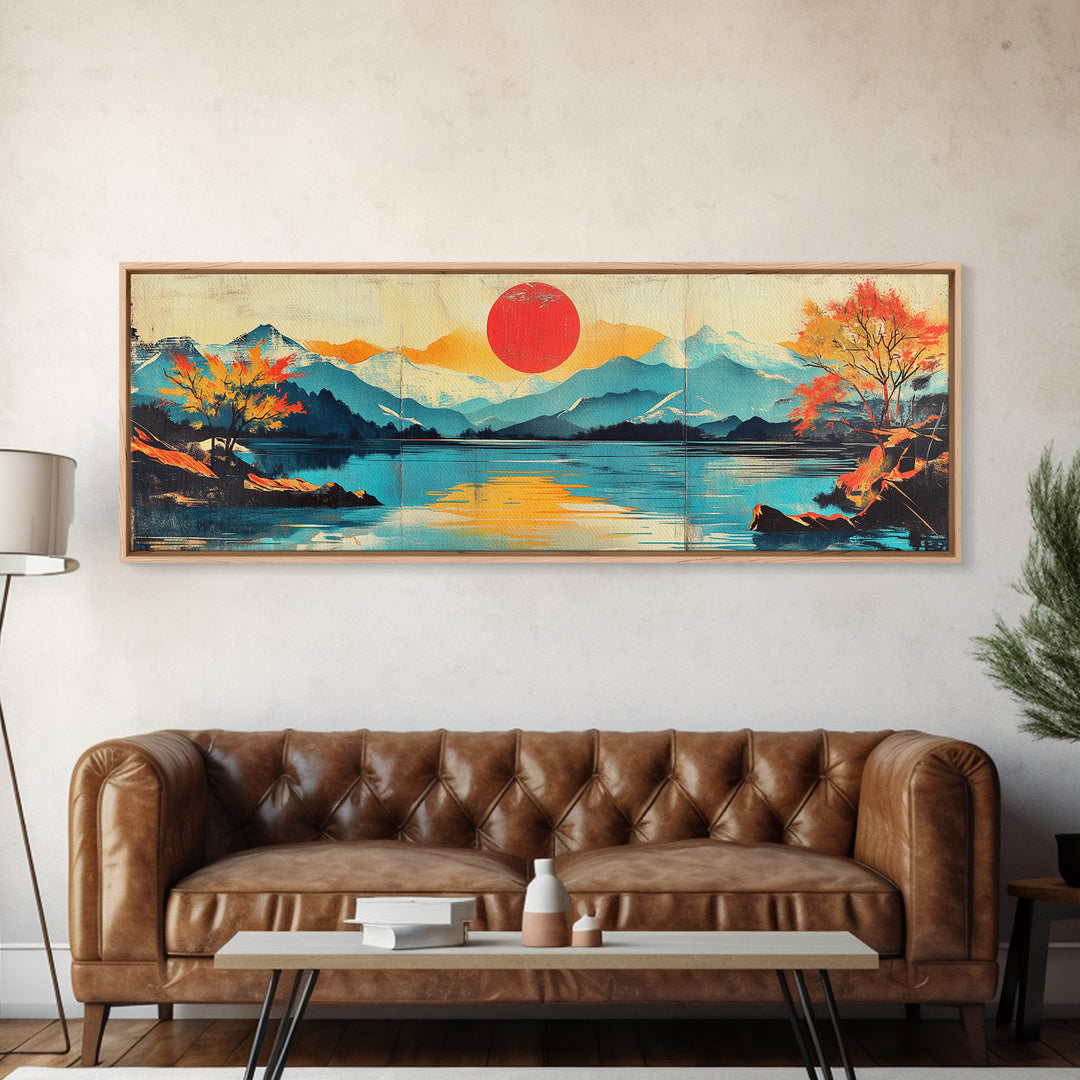 Red Sun Over Mountain Lake Framed Canvas Print, Japanese Landscape Wall Art, Autumn Nature Decor, Large Panoramic Print, Housewarming Gift