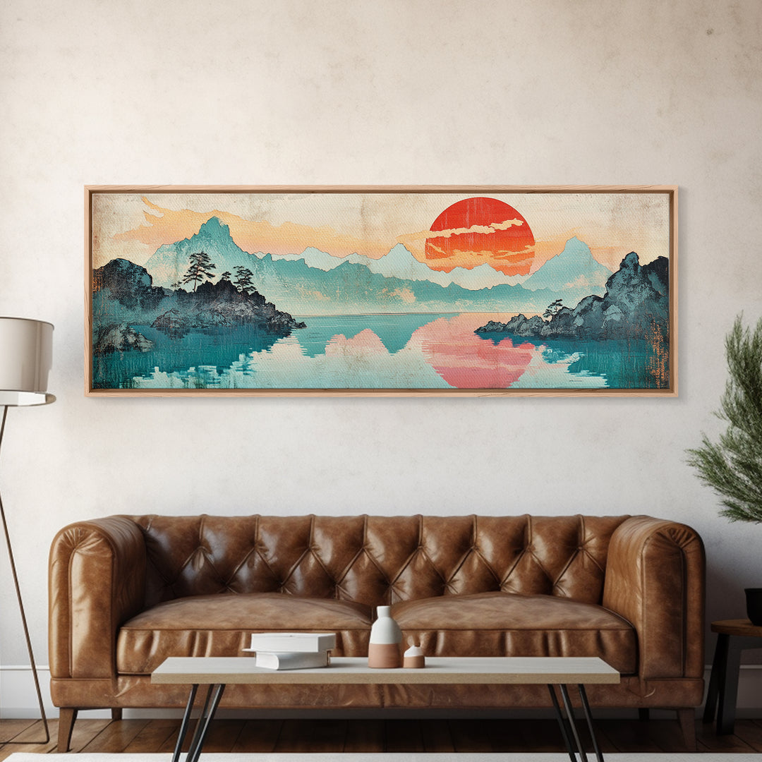 Coral Sun Over Teal Mountain Lake Wall Art, Japanese Landscape Print, Coastal Japandi Decor, Serene Bedroom Wall Art Print