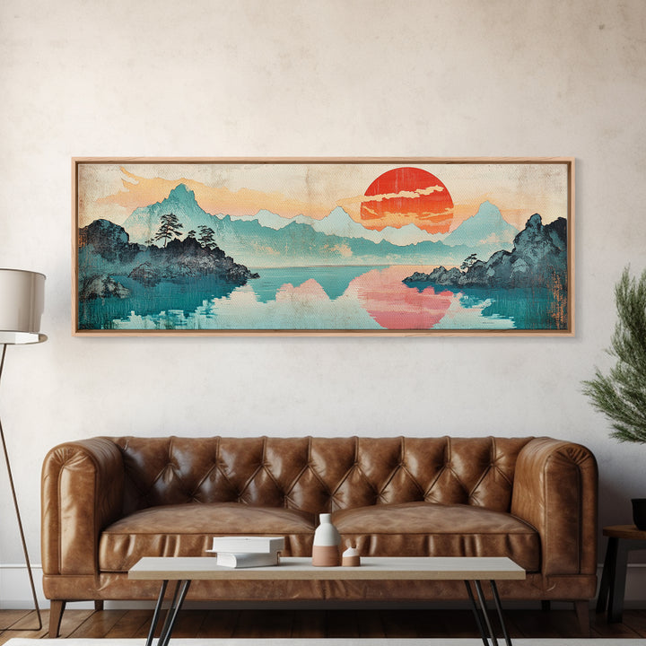 Coral Sun Over Teal Mountain Lake Wall Art, Japanese Landscape Print, Coastal Japandi Decor, Serene Bedroom Wall Art Print