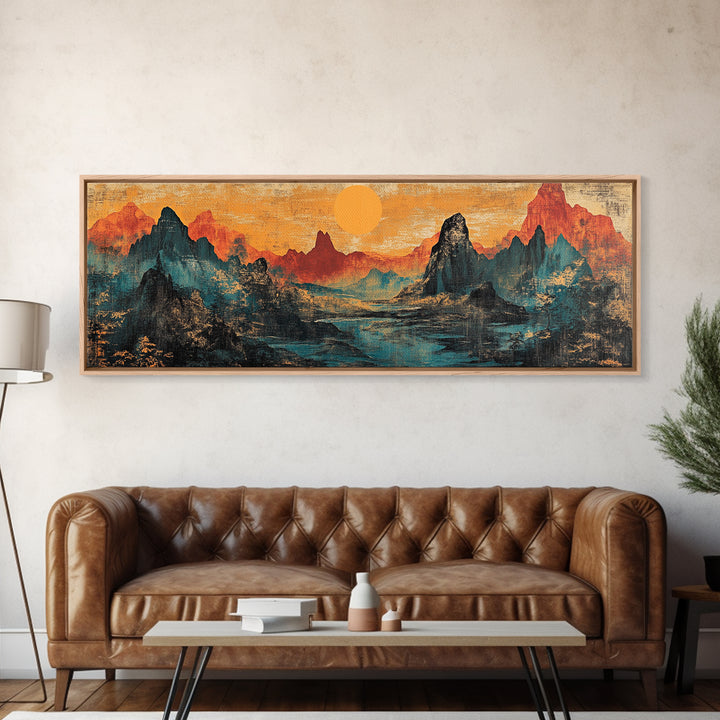 Orange Sun Over Dramatic Mountain Range Canvas Print, Asian Landscape Wall Art, Rustic Desert Decor, Statement Wall Art For Office Decor